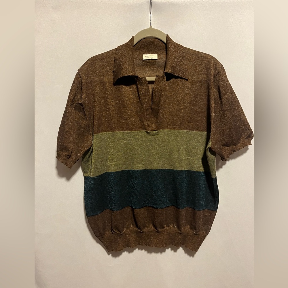 Dries Van Noten Metallic Knit Polo – Sheer Stripe Colorblock